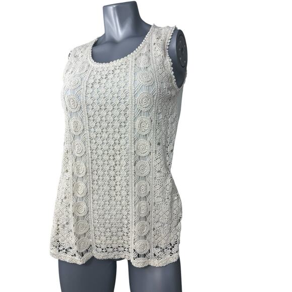 Solitaire Womens Ivory Cream Crochet Sleeveless Top Medium Tank Lace Cottage - Picture 3 of 11
